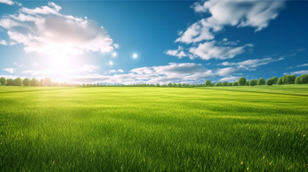 Land scape image of Extensive lawn and blue sky, white clouds and the sun on the horizon. Generative Ai.の素材