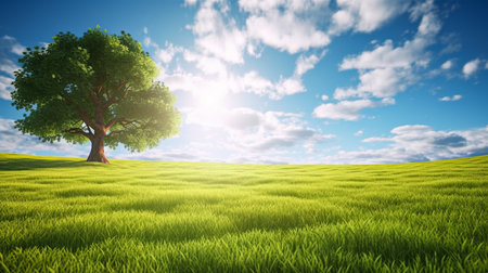 Land scape image of Extensive lawn and blue sky, white clouds and the sun on the horizon, big tree. Generative Aiの素材
