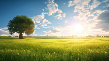 Land scape image of Extensive lawn and blue sky, white clouds and the sun on the horizon, big tree. Generative Aiの素材