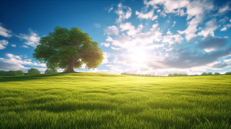 Land scape image of Extensive lawn and blue sky, white clouds and the sun on the horizon, big tree. Generative Aiの素材