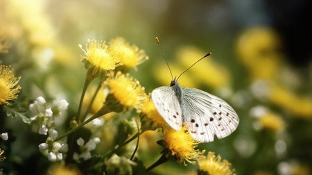 Close up of beautiful butterfly and yellow flowers and bright blur nature background with copy space. Generative Ai.の素材