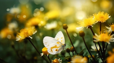 Close up of beautiful butterfly and yellow flowers and bright blur nature background with copy space. Generative Ai.の素材