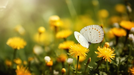 Close up of beautiful butterfly and yellow flowers and bright blur nature background with copy space. Generative Ai.の素材