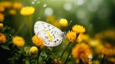 Close up of beautiful butterfly and yellow flowers and bright blur nature background with copy space. Generative Ai.の素材