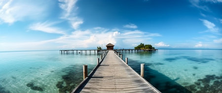 Wide angle shot of a wooden bridge stretching across the sea to the island of white clouds and beautiful blue sky. Generative Ai.の素材