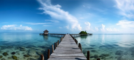 Wide angle shot of a wooden bridge stretching across the sea to the island of white clouds and beautiful blue sky. Generative Ai.の素材