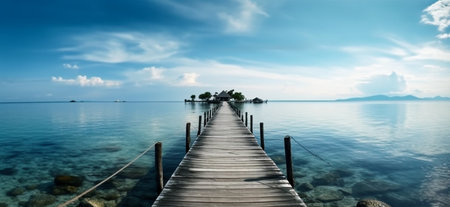 Wide angle shot of a wooden bridge stretching across the sea to the island of white clouds and beautiful blue sky. Generative Ai.の素材