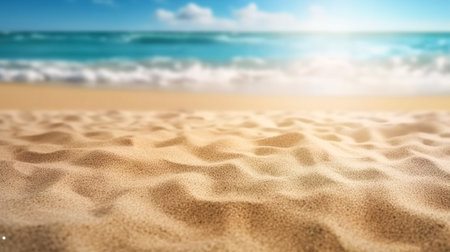 Empty sand on beach side space and summer sea side sunny day on background. Product display montage. template web site design. Generative Ai.の素材