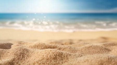 Empty sand on beach side space and summer sea side sunny day on background. Product display montage. template web site design. Generative Ai.の素材