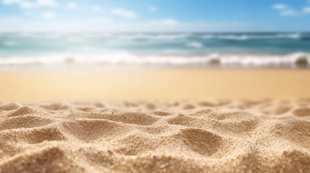 Empty sand on beach side space and summer sea side sunny day on background. Product display montage. template web site design. Generative Ai.の素材