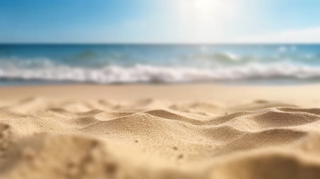 Empty sand on beach side space and summer sea side sunny day on background. Product display montage. template web site design. Generative Ai.の素材
