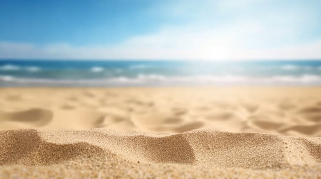 Empty sand on beach side space and summer sea side sunny day on background. Product display montage. template web site design. Generative Ai.の素材