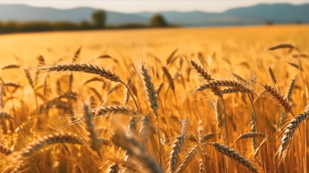 Wheat field. Beautiful Nature Sunset Landscape. Background of ripening ears of wheat field. Label art design. Generative Aiの素材