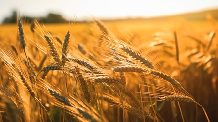 Wheat field. Beautiful Nature Sunset Landscape. Background of ripening ears of wheat field. Label art design. Generative Aiの素材