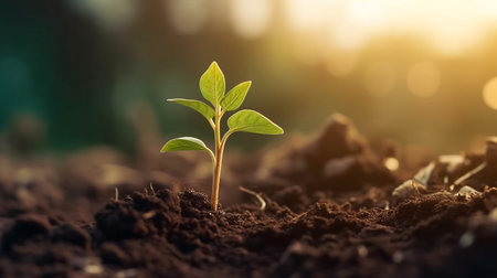 Close up of the seedling are growing from the rich soil, Ecology concept. Generative Aiの素材