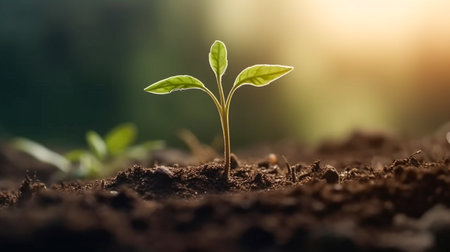 Close up of the seedling are growing from the rich soil, Ecology concept. Generative Aiの素材