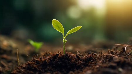 Close up of the seedling are growing from the rich soil, Ecology concept. Generative Aiの素材
