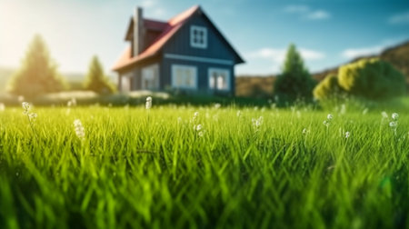 Land scape image of Extensive lawn and house, the sun on the horizon. Generative Ai.の素材
