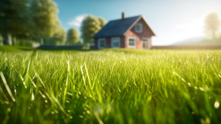 Land scape image of Extensive lawn and house, the sun on the horizon. Generative Ai.の素材