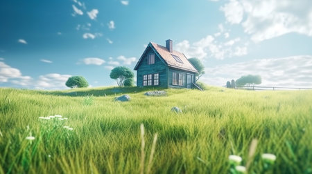 Land scape image of Extensive lawn and house, the sun on the horizon. Generative Ai.の素材
