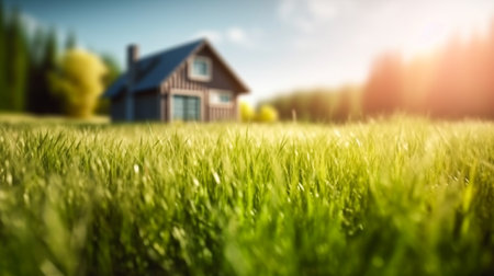Land scape image of Extensive lawn and house, the sun on the horizon. Generative Ai.の素材
