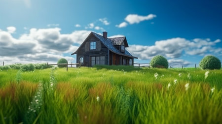 Land scape image of Extensive lawn and house, the sun on the horizon. Generative Ai.の素材