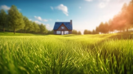 Land scape image of Extensive lawn and house, the sun on the horizon. Generative Ai.の素材