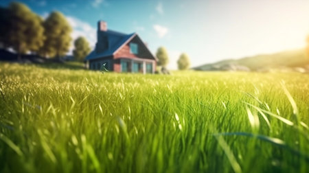Land scape image of Extensive lawn and house, the sun on the horizon. Generative Ai.の素材