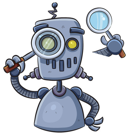 cartoon illustration of a robot using magnifierのイラスト素材