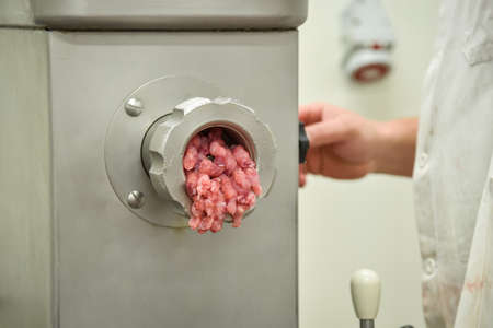 Filling comes out through raw meat grinder sieve. Grinder closeup. Electric mincer machine with fresh chopped meat. Process of meat grinding in kitchen with mincing machine. Preparation of minced beefの写真素材