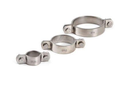 Metal clamps for pipes with screws on a white backgroundの写真素材