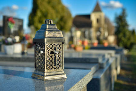 Cemetery with tombstones in the shape of a cross, angels. Many decorated gravesの写真素材