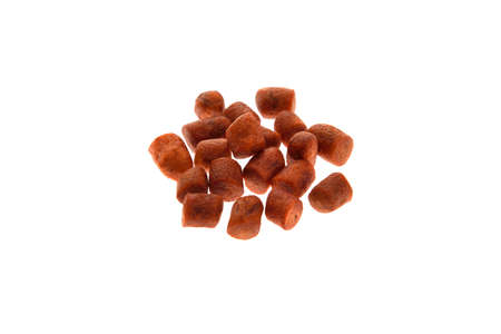 Close up view of brown boilies, fishing baits for carp isolated on white backgroundの写真素材