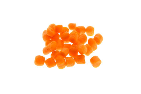 Close up view of orange boilies, fishing baits for carp isolated on white backgroundの写真素材
