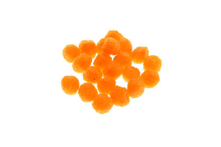 Close up view of orange boilies, fishing baits for carp isolated on white backgroundの写真素材