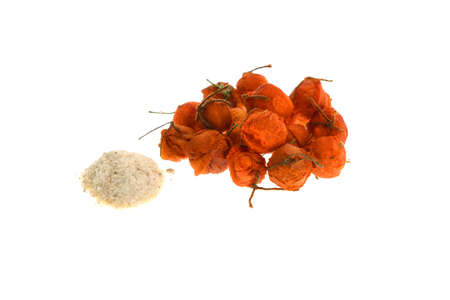 Close up view of orange boilies, fishing baits for carp isolated on white backgroundの写真素材