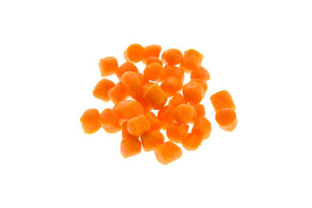 Close up view of orange boilies, fishing baits for carp isolated on white backgroundの写真素材