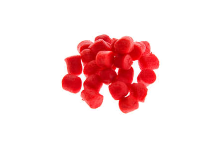 Close up view of red boilies, fishing baits for carp isolated on white backgroundの写真素材
