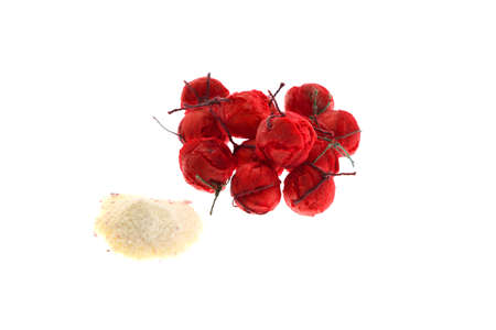 Close up view of red boilies, fishing baits for carp isolated on white backgroundの写真素材