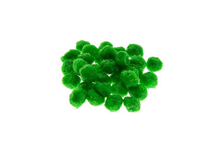 Close up view of green boilies, fishing baits for carp isolated on white backgroundの写真素材