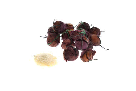 Close up view of brown boilies, fishing baits for carp isolated on white backgroundの写真素材