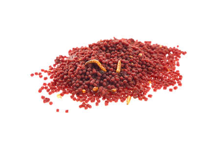 Red Food with worms for fishing isolated on a white background. Pile of granules to feed carp. Granules fish food. Food for fish isolated on white.の写真素材