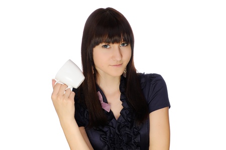 Young woman gesturing for the coffee break  Isolated on whiteの写真素材