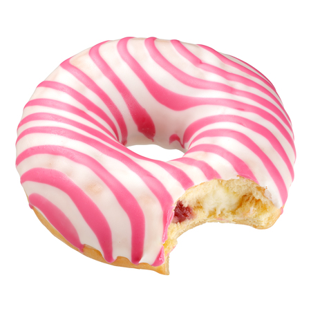 Bitten pink striped donut isolated on white background with clipping pathの写真素材