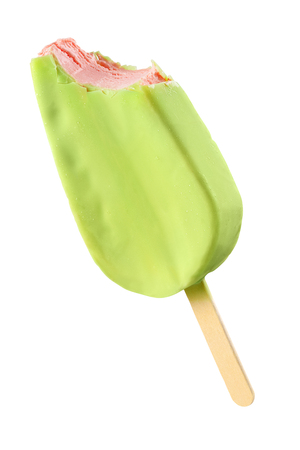 Green bitten ice pop isolated on white background with clipping pathの写真素材