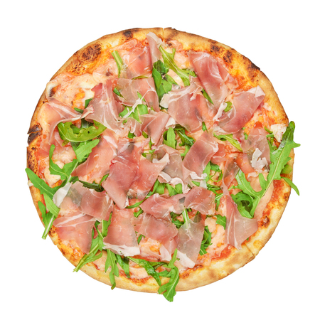 Round italian pizza with prosciutto, mascarpone and arugula isolated on white background. Top view.の写真素材
