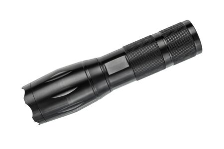 Black metallic flashlight or torch isolated on white backgroundの写真素材