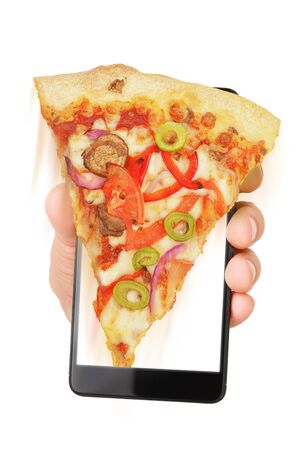 Hand holding smartphone with flying pizza. Food ordering or delivering concept