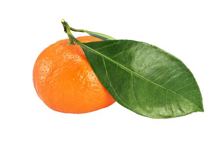 Whole ripe mandarin with leaves isolated on white background with clipping pathの写真素材