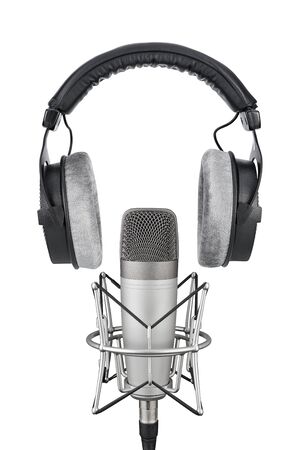 Professional headphones and condenser microphone isolated on white backgroundの写真素材